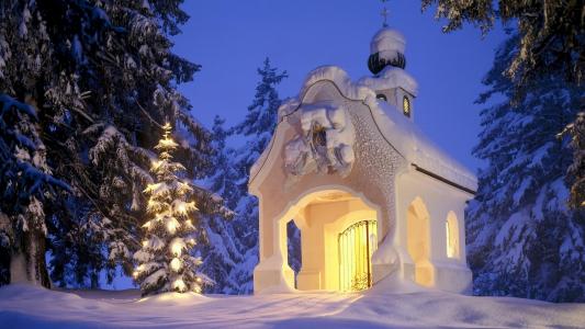 冬天，性质，教堂，美丽，雪，晚上，新的一年，基督的基督，2015年