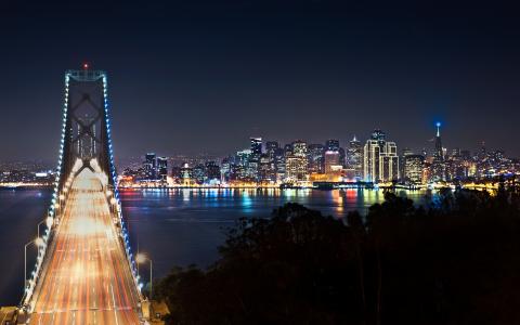 桥梁，天空，旧金山，夜晚，灯光