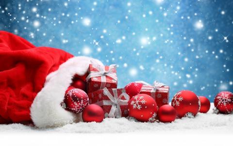 礼物，球，圣诞帽子，圣诞老人，雪，冬天