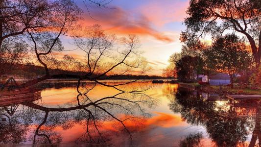 自然，湖，秋，日落，美丽