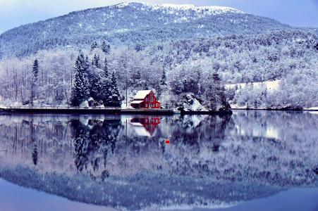 冬天，雪，山，冷杉，房子，芬兰，湖，树
