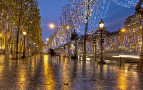 路面，灯笼，晚上在香榭丽舍大街，法国巴黎