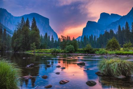 优胜美地国家公园，美国，加利福尼亚州，自然，山，森林，河，天空，日落