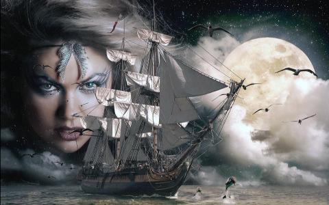 云，月亮，女巫，船，海豚