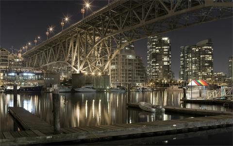 城市，光，晚上，水，反射，桥梁