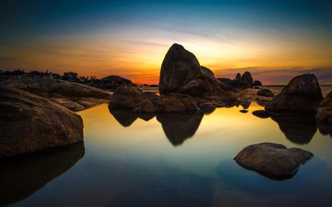 海，石头，日落，反射
