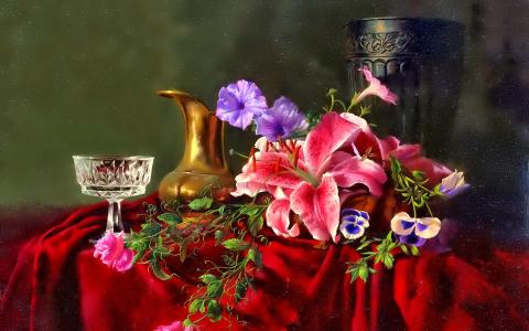 静物，静物，织物，水罐，玻璃，花瓶，鲜花，百合，矮牵牛，紫罗兰
