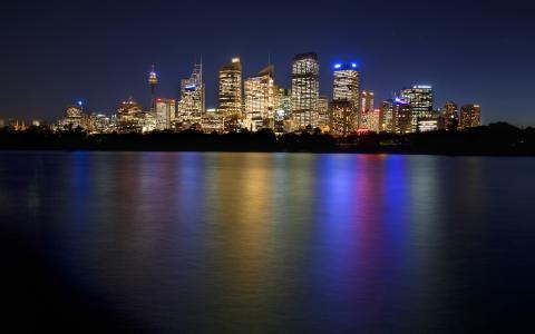 澳大利亚，晚上，市中心的天际线，悉尼，澳大利亚，晚上，悉尼