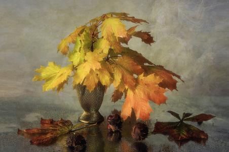 秋光，静物，秋叶，栗子，湿玻璃，伊琳娜Prikhodko