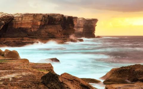 景观，海洋，海岸，黎明，岩石，天空，澳大利亚，悉尼