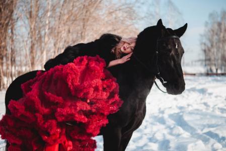 女孩，郁郁葱葱的红裙子，冬天，马