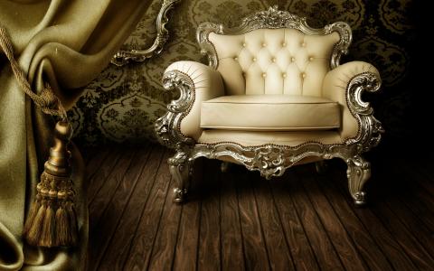 复古，风格，扶手椅，窗帘，米色，地板，木材