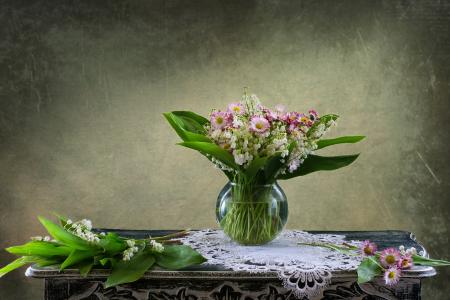 Elizaveta Shavardina，桌子，餐巾，花边，花瓶，花朵，雏菊，铃兰