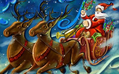 鹿，雪橇，新的一年，圣诞老人