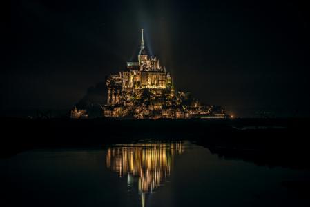 法国，诺曼底，城堡，水，反射，灯，晚上，美女