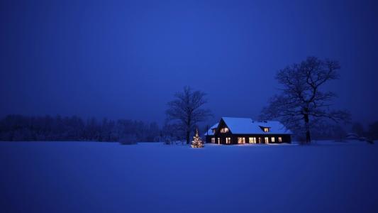 冬天，性质，雪，湖，房子和舒适，美丽，新的一年，晚上