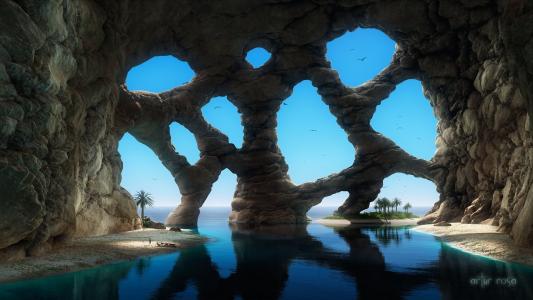 石窟，艺术，拱门，岩石，棕榈树，海，沙，细胞