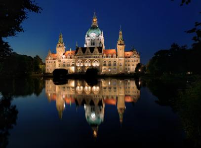 德国，池塘，宫殿，夜，市政厅，汉诺威，城市