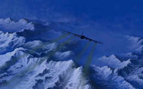 艺术，美国空军B-52，飞机，天空，飞行，山脉，航空