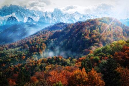 云，山，植被，秋天的调色板