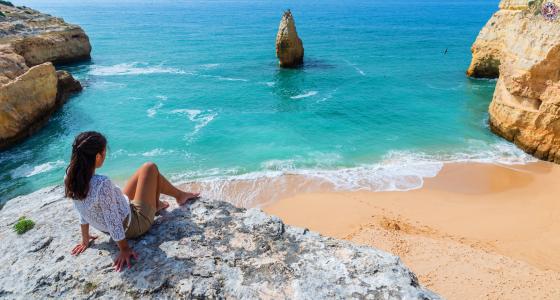 景观，海洋，岩石，海滩，葡萄牙，女孩