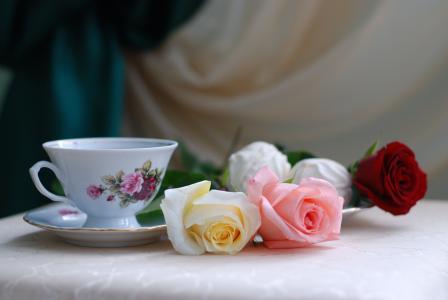 茶，表，静物，玫瑰，鲜花，假期，杯