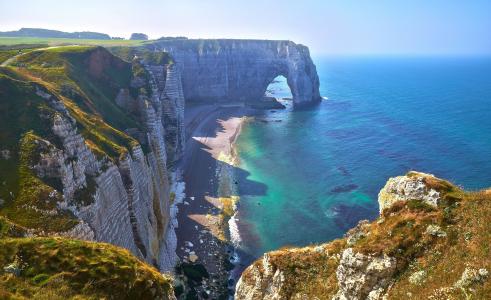 自然，海岸，诺曼底，法国，岩石，石头，海，美丽，夏天