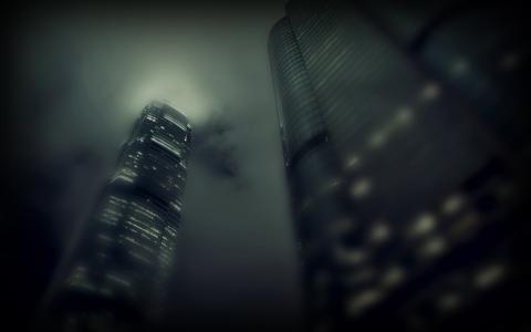 光，摩天大楼，窗户，雾，建筑物，城市，城市，云