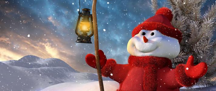 新的一年，圣诞节，雪人，灯笼，树，雪，微笑