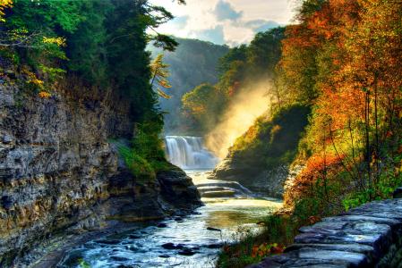 秋天，瀑布，河，森林，岩石，性质