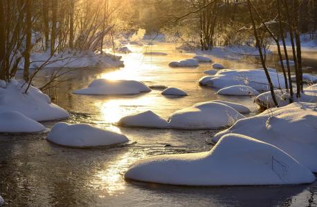 Hannu Koskela，自然，冬天，河，雪，树