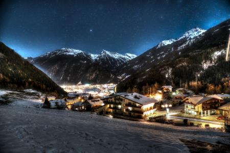 奥地利，山，雪，冬天，城市，房屋，灯，照明，美容