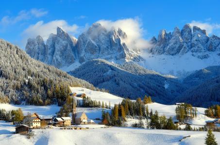 冬天，山，丘陵，意大利，圣马格达莱纳，房屋，雪