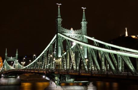 城市，布达佩斯，匈牙利，晚上，桥梁