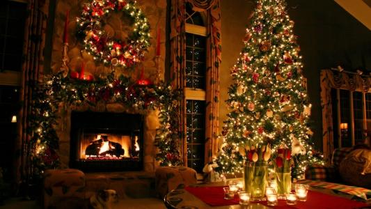 圣诞树，花环，壁炉，火，光，蜡烛，玩具，礼品，冬季，假期