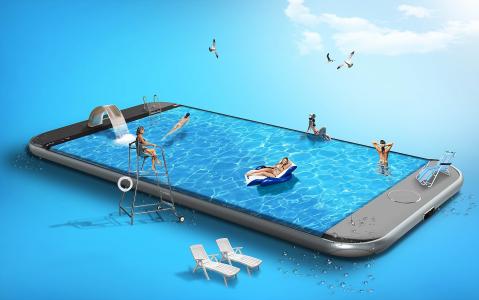 智能手机，游泳池，女孩，躺椅，海鸥，天空，photomanipulation
