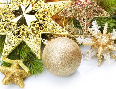 球，金，雪花，星星，分支，装饰，黄金，圣诞节，玩具，雪花，新年，圣诞节，新年，圣诞节
