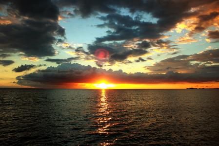 海，晚上，太阳，日落，地平线，水，云