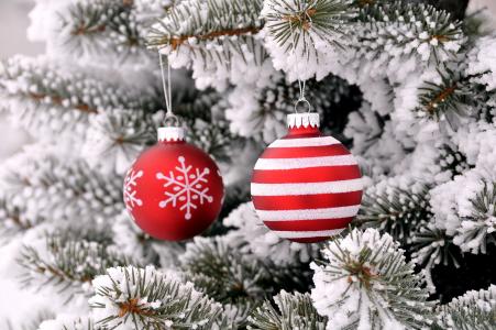 冬天，白霜，假期，新年，圣诞节，树，玩具，球
