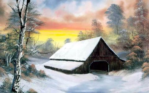 冬天，树木，雪，房子