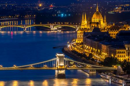 匈牙利，布达佩斯，河，桥梁，晚上，灯，灯