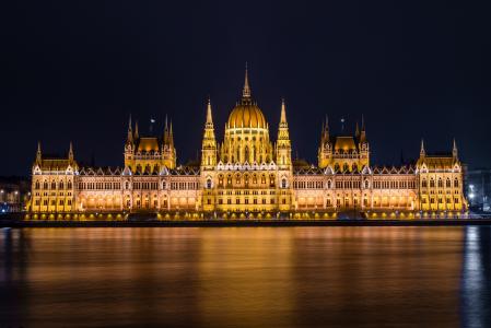匈牙利，布达佩斯，建筑，河，多瑙河，夜，路堤，光