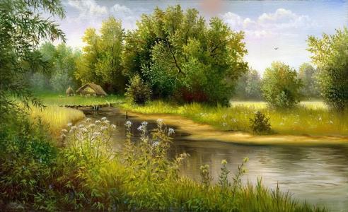 自然，小河，森林，绘画，Khodyukov亚历山大