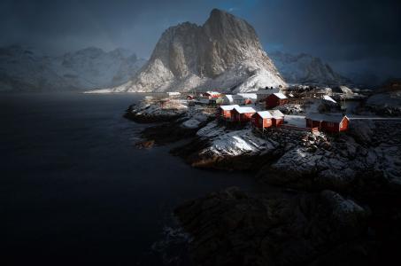 阿德南Bubalo，挪威，自然，景观，山，岩石，冬季，海洋，雪，石头，房屋