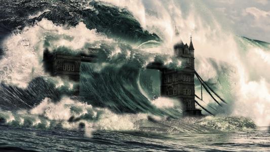 巨型，幻想，海啸，伦敦塔桥，波浪