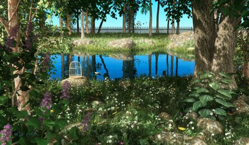 池塘，鲜花，树木，放松