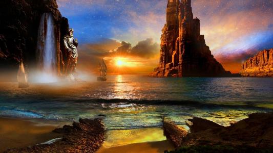 阳光，天空，海洋，岩石，船，雕像，偏差的艺术