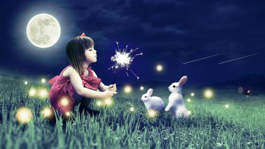 女孩，野兔，晚上，月亮，蒲公英，小屋，灯