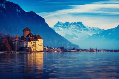 城市，山，日内瓦湖，瑞士