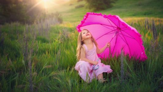 孩子，女孩，伞，性质，草，夏天